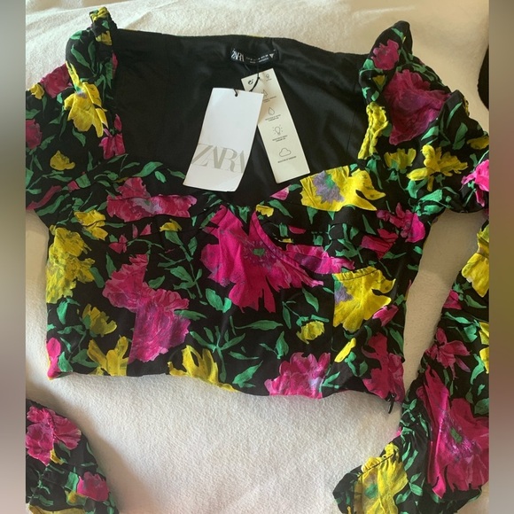 Zara Floral Off The Shoulder Fitted Wired Mesh Top Womens Sz M NWT - Picture 1 of 11